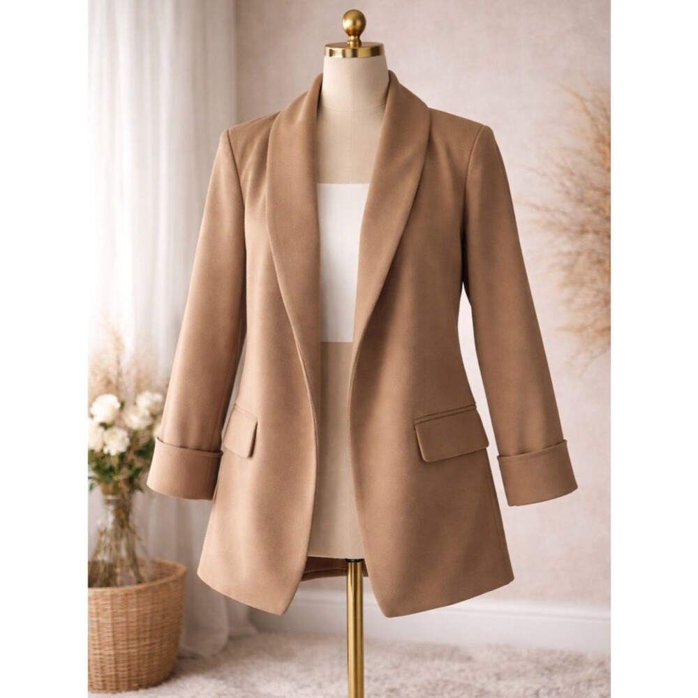 Fashion Nova Camel Draped Open-Front Blazer - Picture 1 of 5
